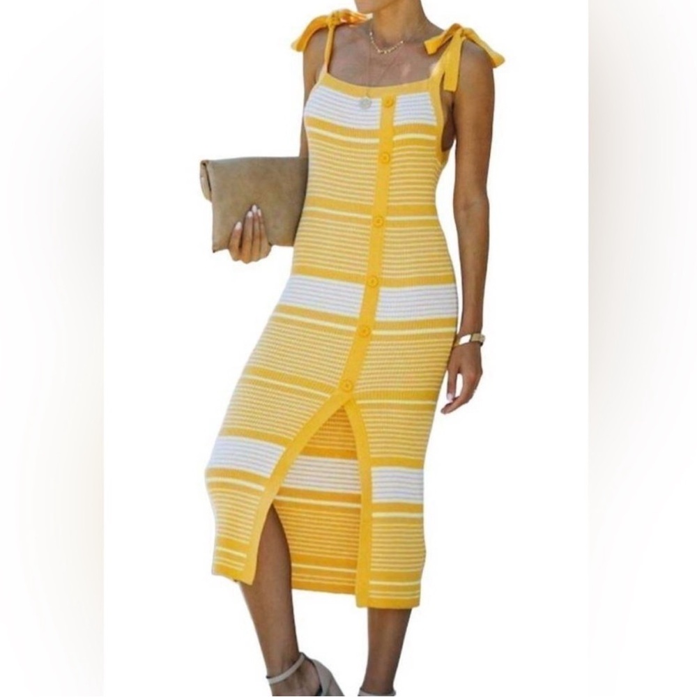 LA VIE EN ROSE Stripped Square Neck Shoulder Tie Ribbed Knit Midi